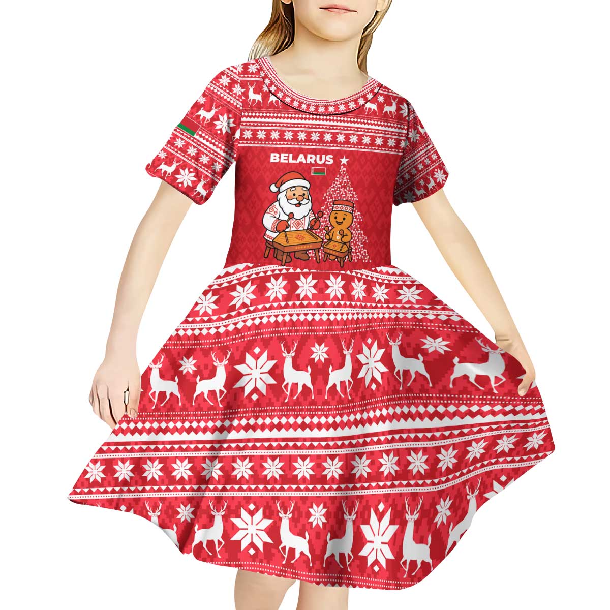 Belarus Christmas Kid Short Sleeve Dress with Santa Gingerbread Playing Chess National Emblem and Nordic Pattern Design - Wonder Print Shop