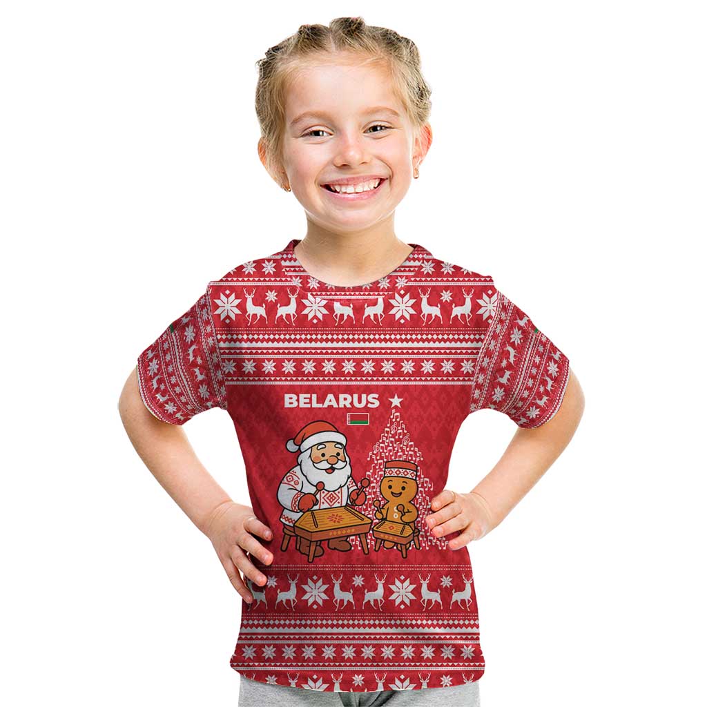 Belarus Christmas Kid T Shirt with Santa Gingerbread Playing Chess National Emblem and Nordic Pattern Design - Wonder Print Shop