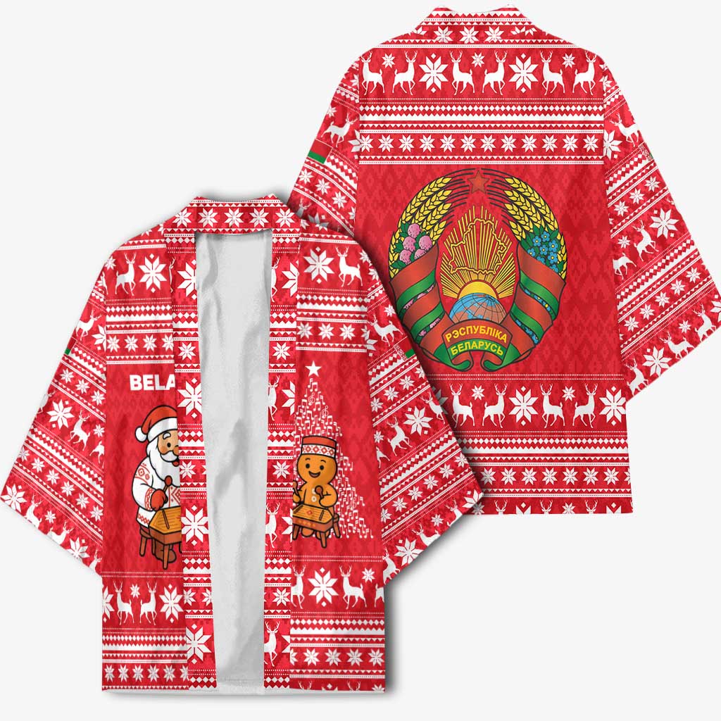 Belarus Christmas Kimono with Santa Gingerbread Playing Chess National Emblem and Nordic Pattern Design - Wonder Print Shop