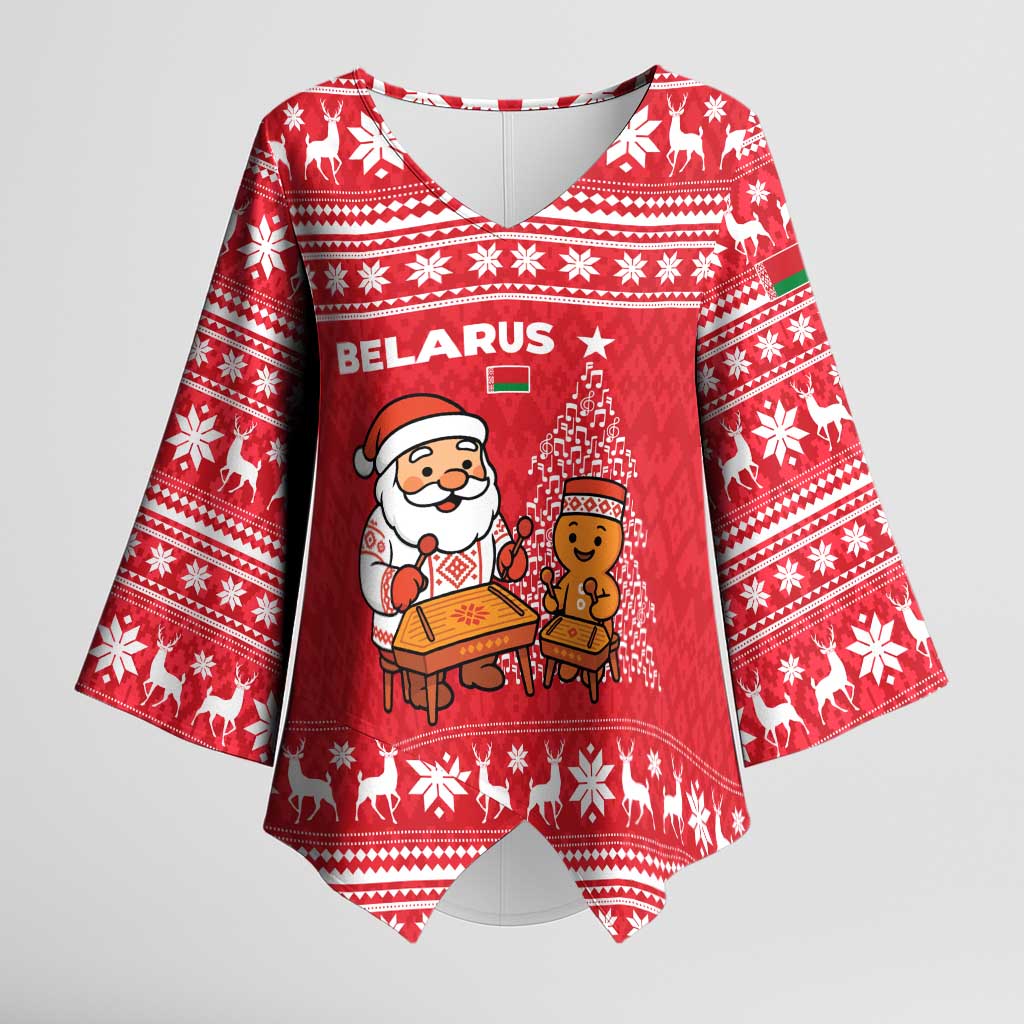 Belarus Christmas Kimono Sleeve Blouse with Santa Gingerbread Playing Chess National Emblem and Nordic Pattern Design - Wonder Print Shop