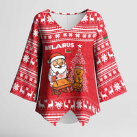 Belarus Christmas Kimono Sleeve Blouse with Santa Gingerbread Playing Chess National Emblem and Nordic Pattern Design - Wonder Print Shop