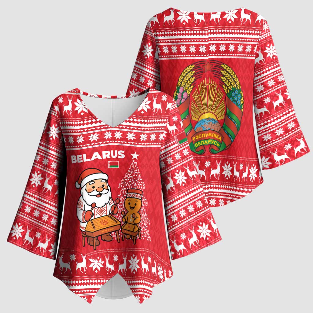 Belarus Christmas Kimono Sleeve Blouse with Santa Gingerbread Playing Chess National Emblem and Nordic Pattern Design - Wonder Print Shop
