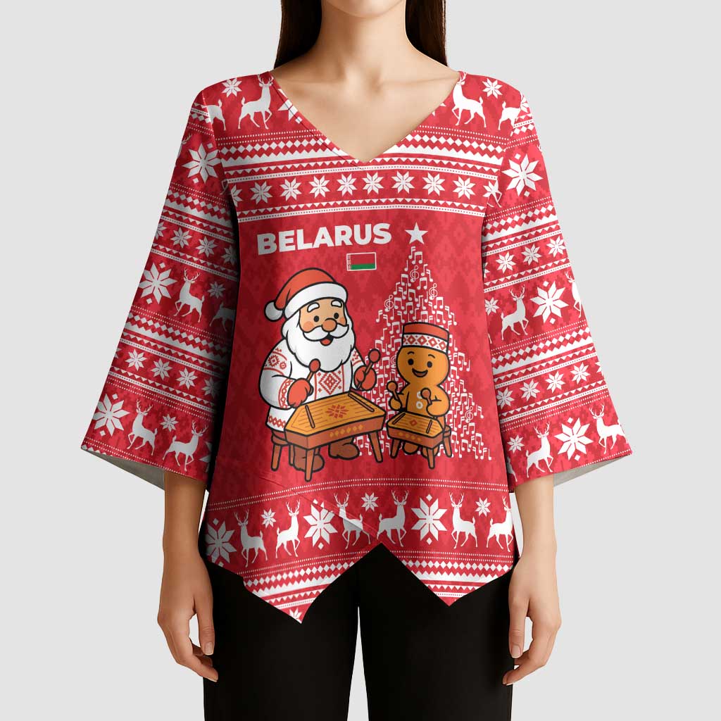 Belarus Christmas Kimono Sleeve Blouse with Santa Gingerbread Playing Chess National Emblem and Nordic Pattern Design - Wonder Print Shop