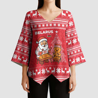 Belarus Christmas Kimono Sleeve Blouse with Santa Gingerbread Playing Chess National Emblem and Nordic Pattern Design - Wonder Print Shop