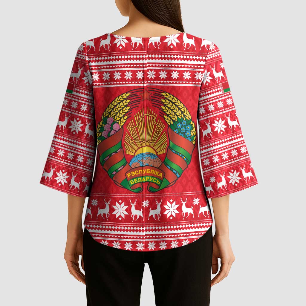 Belarus Christmas Kimono Sleeve Blouse with Santa Gingerbread Playing Chess National Emblem and Nordic Pattern Design - Wonder Print Shop