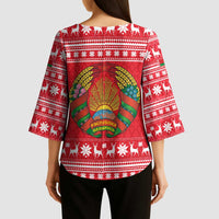 Belarus Christmas Kimono Sleeve Blouse with Santa Gingerbread Playing Chess National Emblem and Nordic Pattern Design - Wonder Print Shop