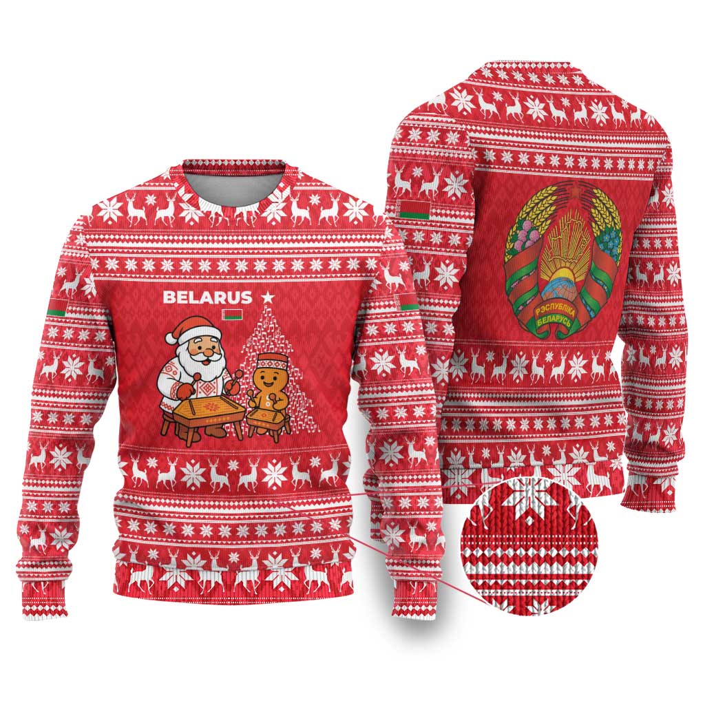Belarus Christmas Ugly Christmas Sweater with Santa Gingerbread Playing Chess National Emblem and Nordic Pattern Design - Wonder Print Shop