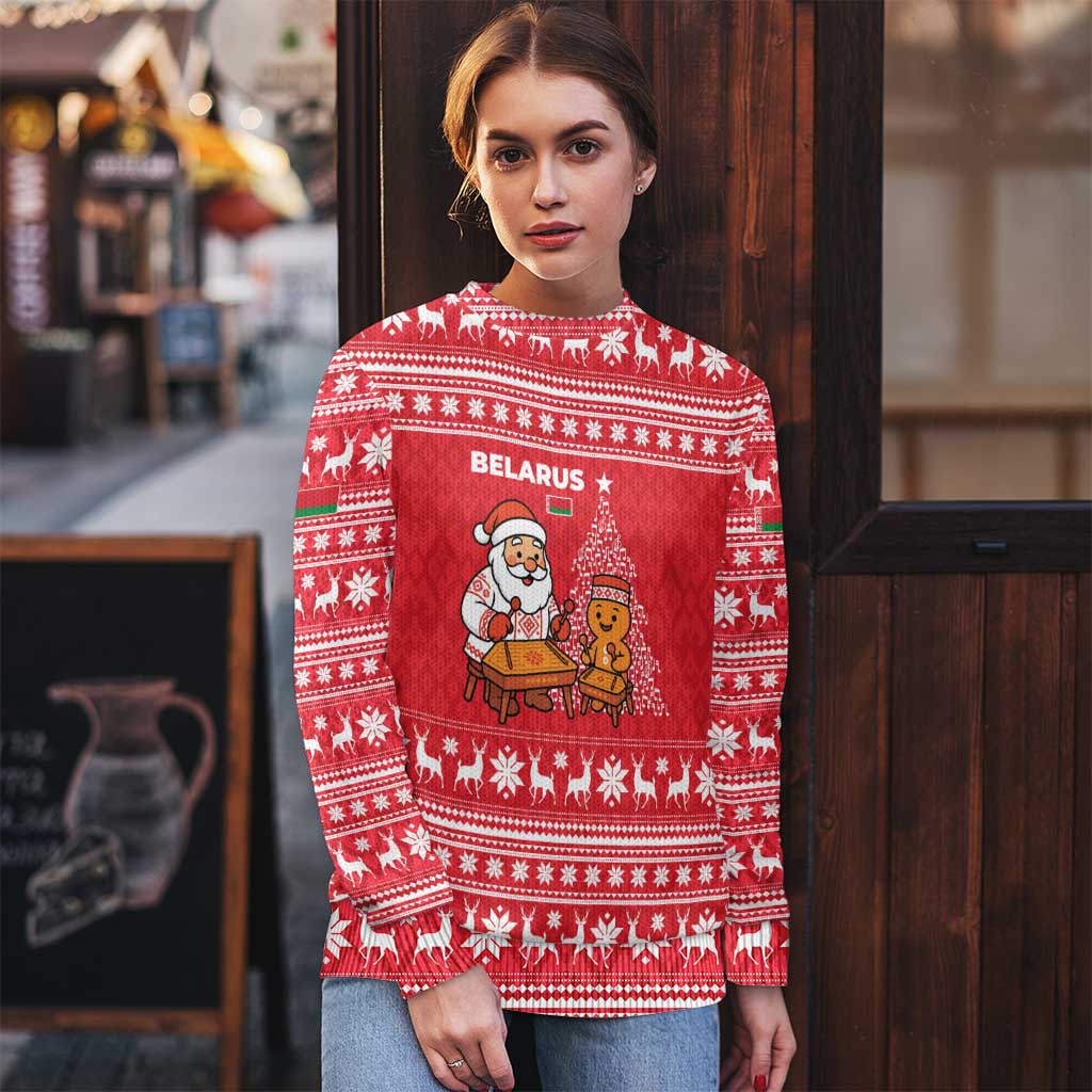 Belarus Christmas Ugly Christmas Sweater with Santa Gingerbread Playing Chess National Emblem and Nordic Pattern Design - Wonder Print Shop