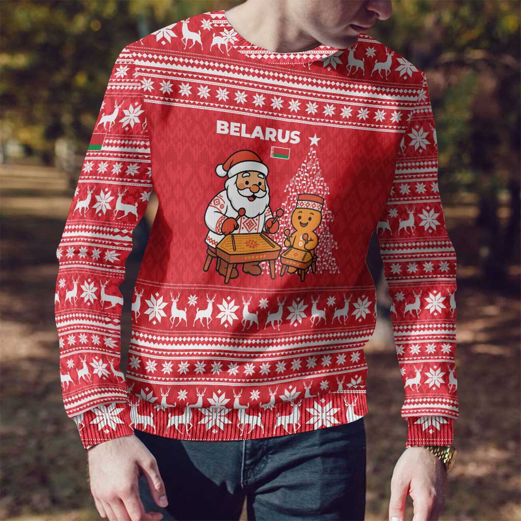 Belarus Christmas Ugly Christmas Sweater with Santa Gingerbread Playing Chess National Emblem and Nordic Pattern Design - Wonder Print Shop