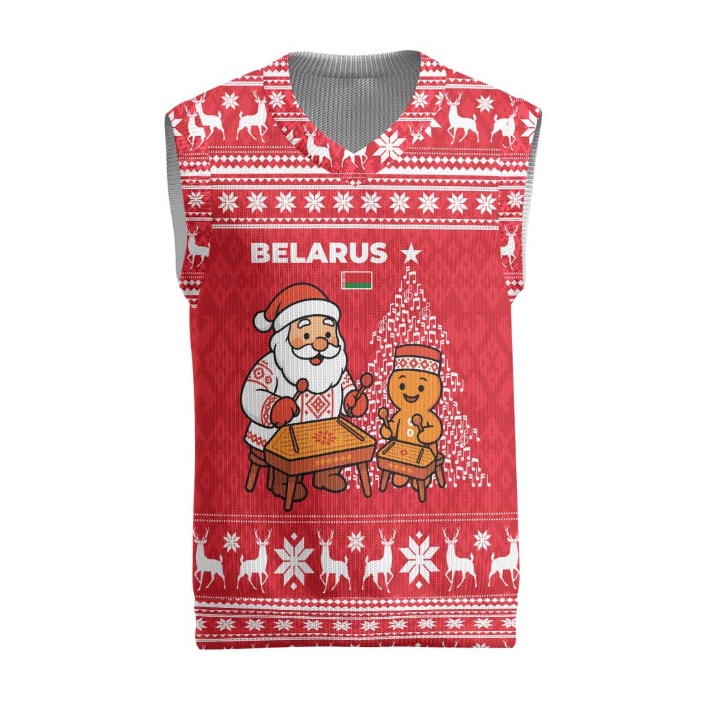 Belarus Christmas Knitted V-Neck Vest with Santa Gingerbread Playing Chess National Emblem and Nordic Pattern Design - Wonder Print Shop