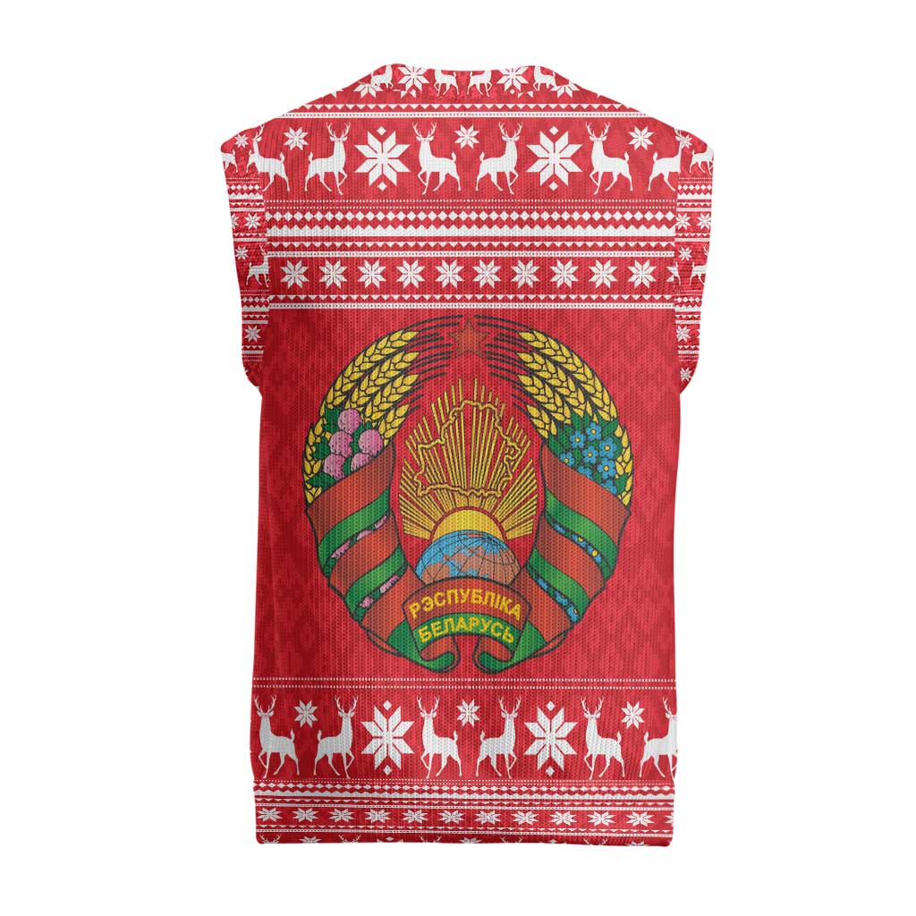 Belarus Christmas Knitted V-Neck Vest with Santa Gingerbread Playing Chess National Emblem and Nordic Pattern Design - Wonder Print Shop