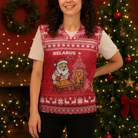 Belarus Christmas Knitted V-Neck Vest with Santa Gingerbread Playing Chess National Emblem and Nordic Pattern Design - Wonder Print Shop
