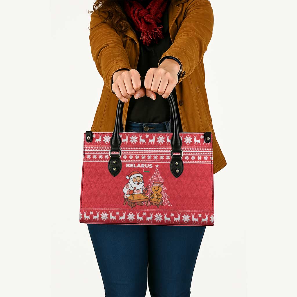 Belarus Christmas Leather Bag with Santa Gingerbread Playing Chess National Emblem and Nordic Pattern Design - Wonder Print Shop