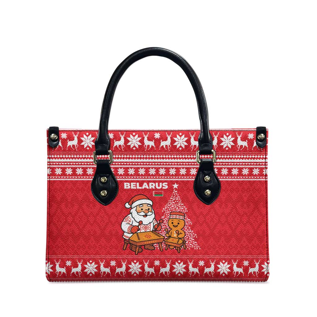 Belarus Christmas Leather Bag with Santa Gingerbread Playing Chess National Emblem and Nordic Pattern Design - Wonder Print Shop