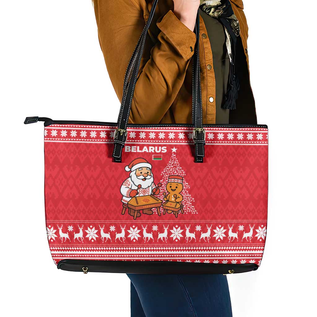 Belarus Christmas Leather Tote Bag with Santa Gingerbread Playing Chess National Emblem and Nordic Pattern Design - Wonder Print Shop