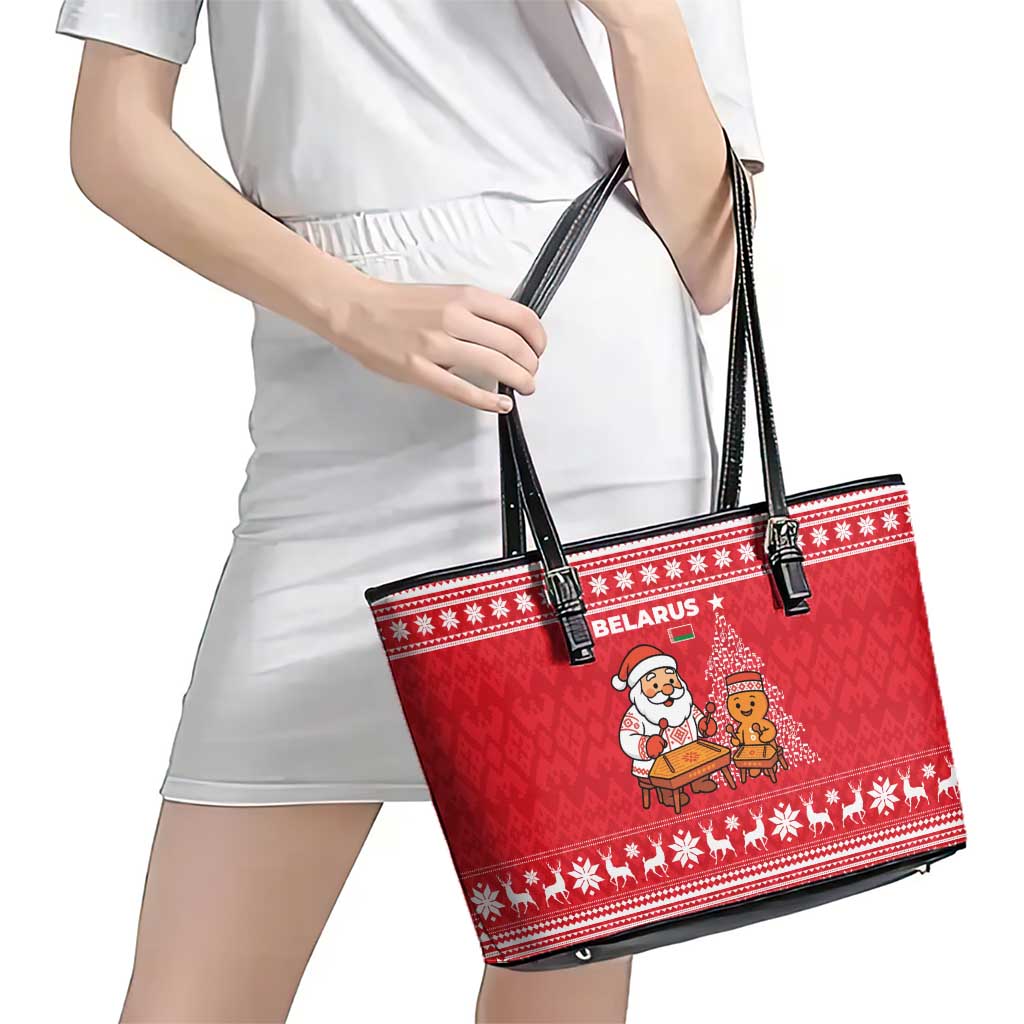 Belarus Christmas Leather Tote Bag with Santa Gingerbread Playing Chess National Emblem and Nordic Pattern Design - Wonder Print Shop