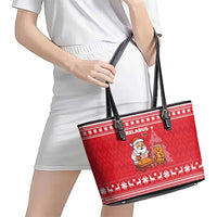 Belarus Christmas Leather Tote Bag with Santa Gingerbread Playing Chess National Emblem and Nordic Pattern Design - Wonder Print Shop