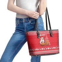 Belarus Christmas Leather Tote Bag with Santa Gingerbread Playing Chess National Emblem and Nordic Pattern Design - Wonder Print Shop