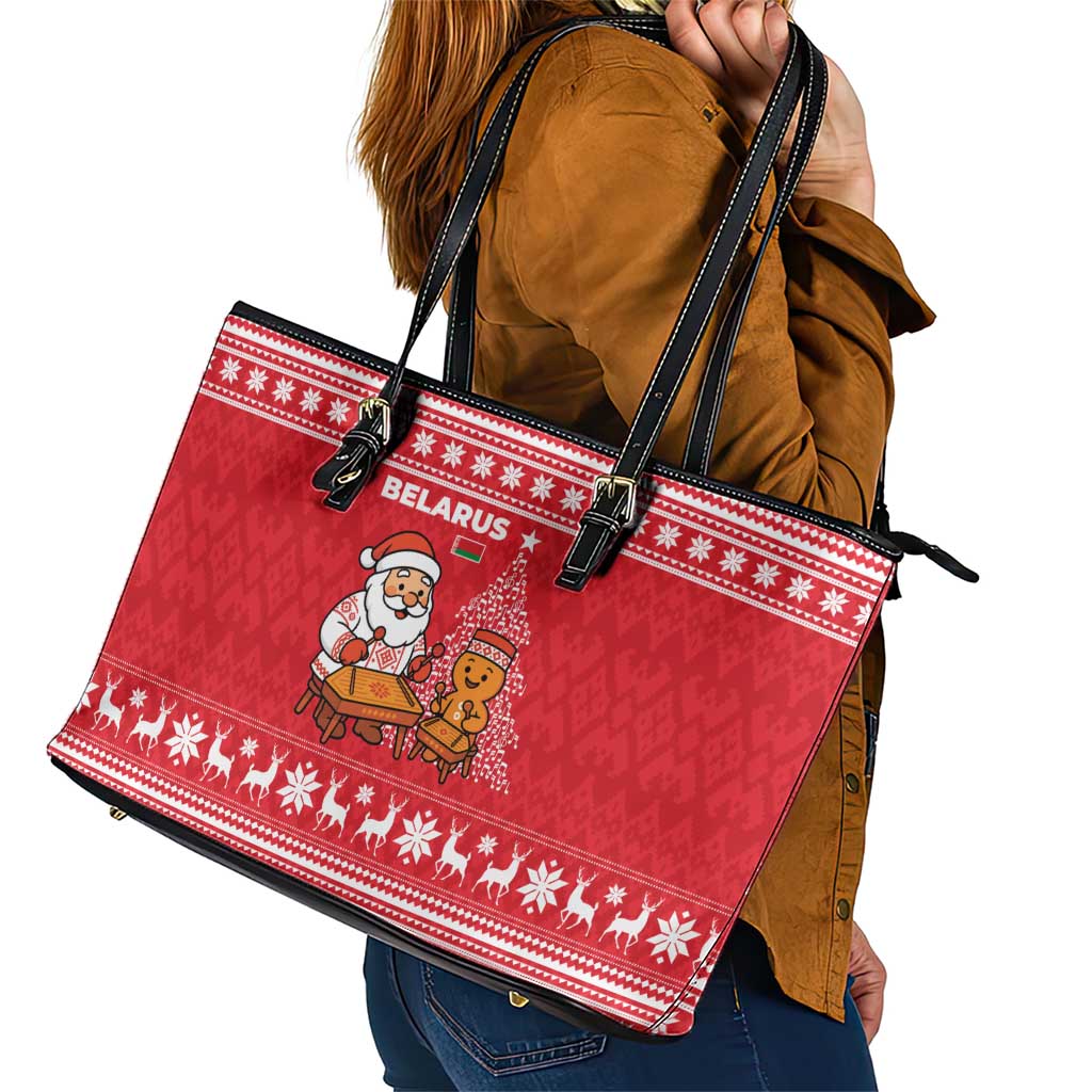 Belarus Christmas Leather Tote Bag with Santa Gingerbread Playing Chess National Emblem and Nordic Pattern Design - Wonder Print Shop