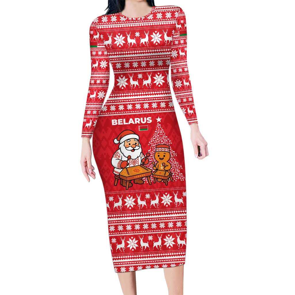 Belarus Christmas Long Sleeve Bodycon Dress with Santa Gingerbread Playing Chess National Emblem and Nordic Pattern Design - Wonder Print Shop