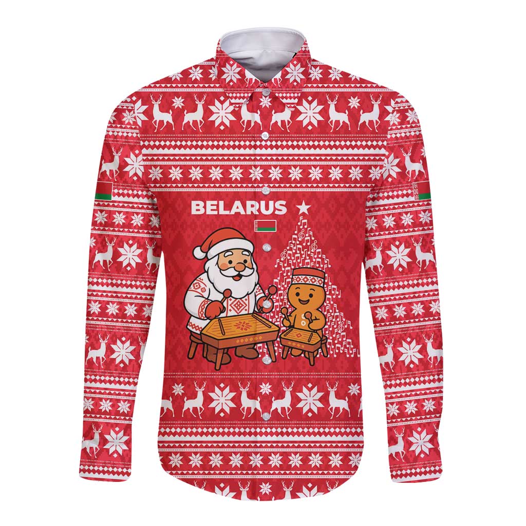 Belarus Christmas Long Sleeve Button Shirt with Santa Gingerbread Playing Chess National Emblem and Nordic Pattern Design - Wonder Print Shop