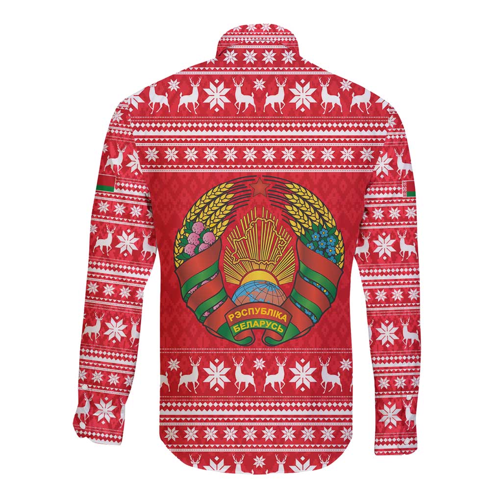 Belarus Christmas Long Sleeve Button Shirt with Santa Gingerbread Playing Chess National Emblem and Nordic Pattern Design - Wonder Print Shop