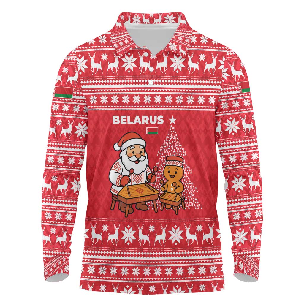 Belarus Christmas Long Sleeve Polo Shirt with Santa Gingerbread Playing Chess National Emblem and Nordic Pattern Design - Wonder Print Shop