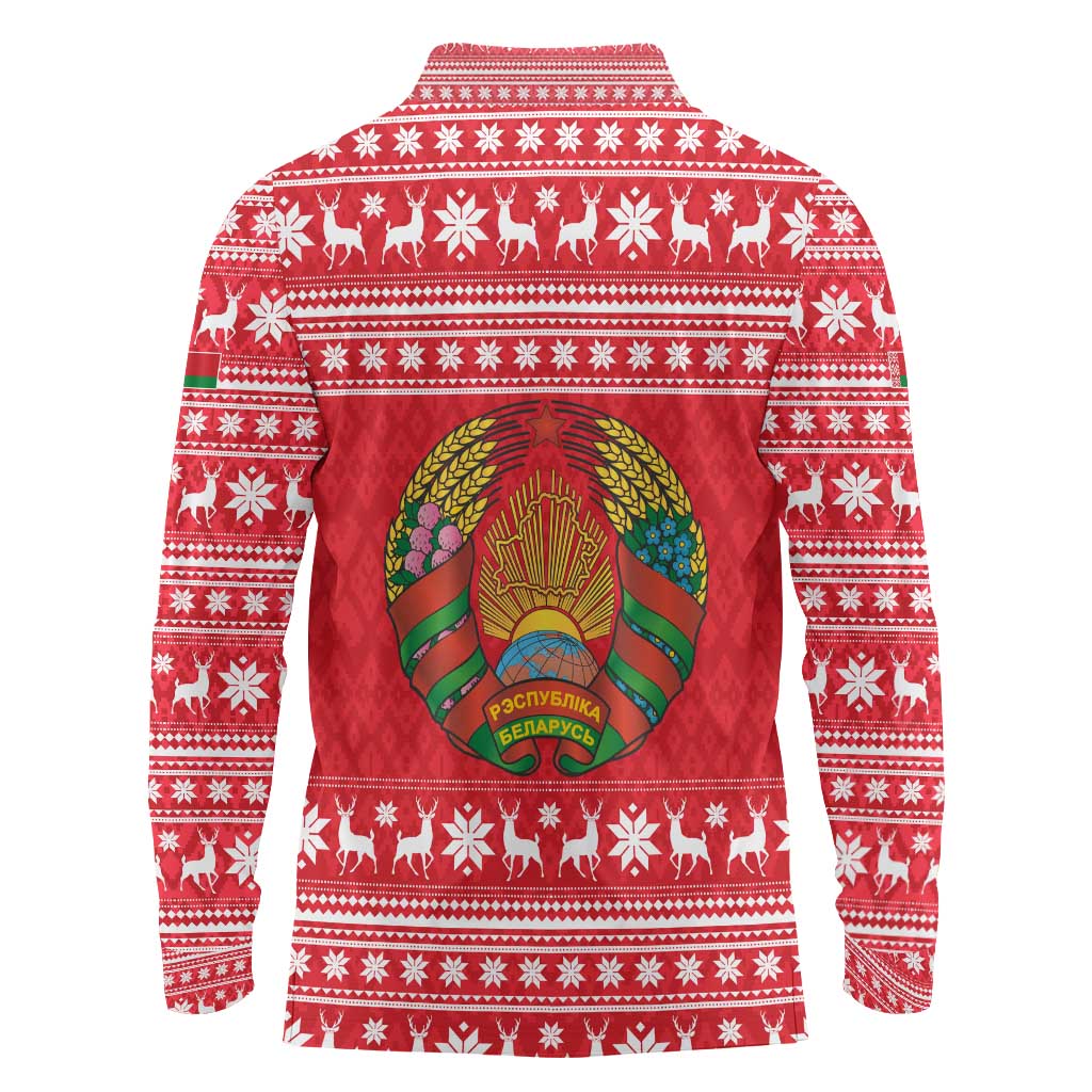 Belarus Christmas Long Sleeve Polo Shirt with Santa Gingerbread Playing Chess National Emblem and Nordic Pattern Design - Wonder Print Shop