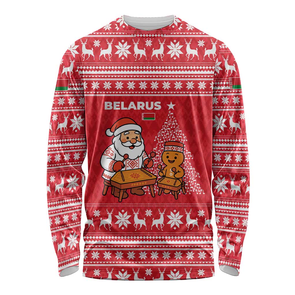 Belarus Christmas Long Sleeve Shirt with Santa Gingerbread Playing Chess National Emblem and Nordic Pattern Design - Wonder Print Shop