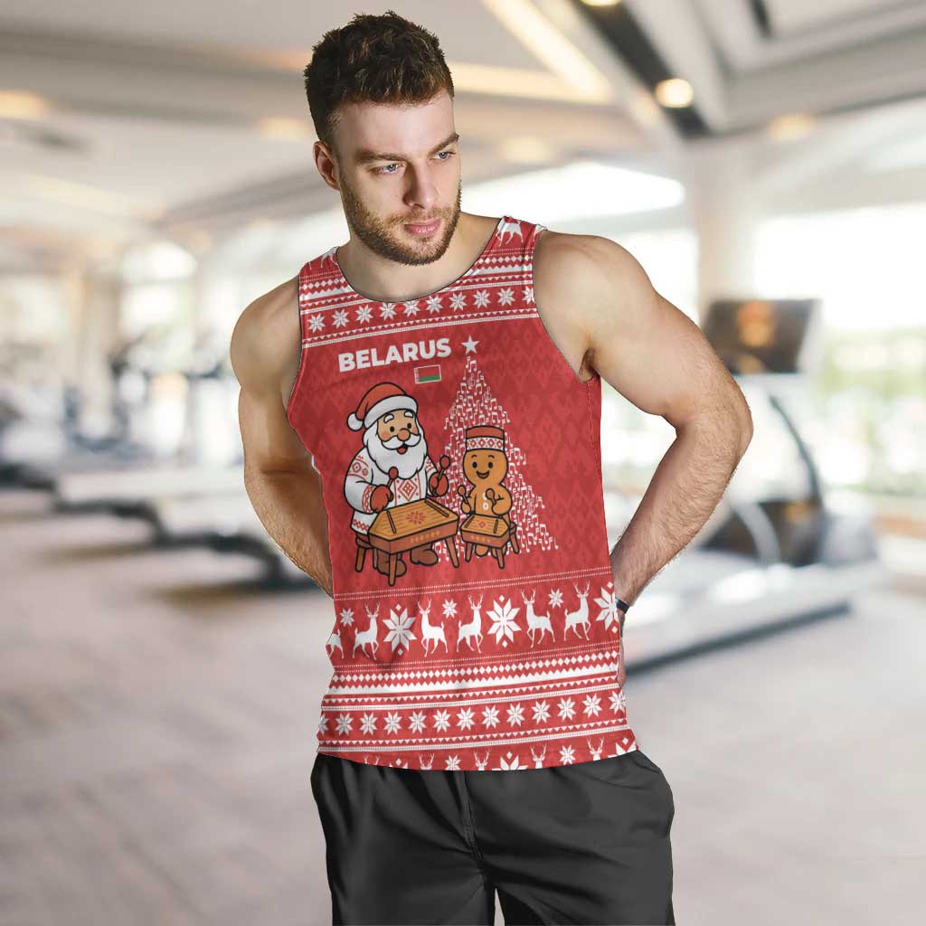 Belarus Christmas Men Tank Top with Santa Gingerbread Playing Chess National Emblem and Nordic Pattern Design - Wonder Print Shop