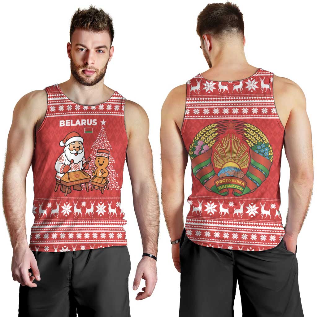 Belarus Christmas Men Tank Top with Santa Gingerbread Playing Chess National Emblem and Nordic Pattern Design - Wonder Print Shop