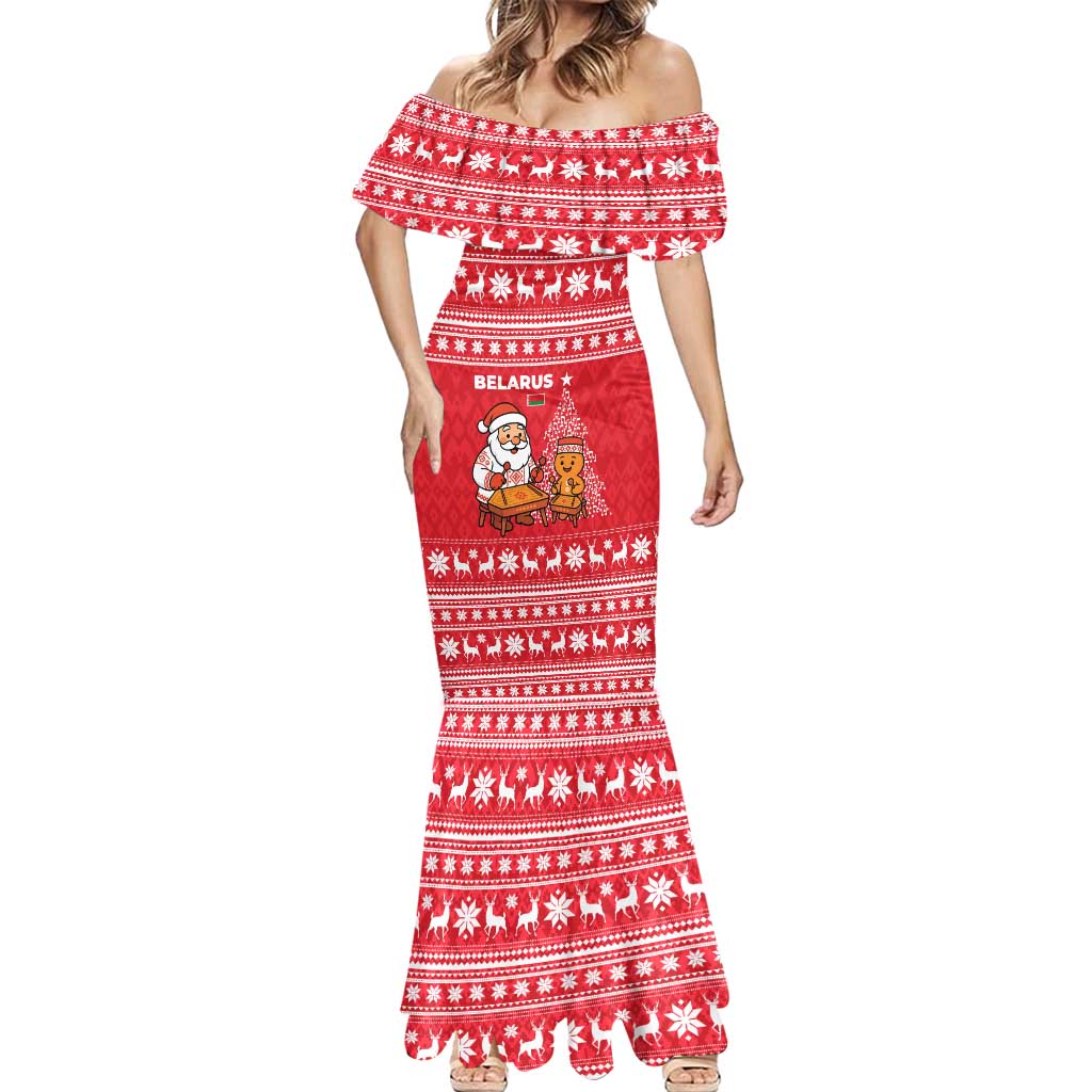 Belarus Christmas Mermaid Dress with Santa Gingerbread Playing Chess National Emblem and Nordic Pattern Design - Wonder Print Shop