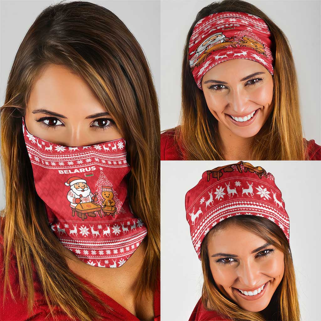 Belarus Christmas Neck Gaiter with Santa Gingerbread Playing Chess National Emblem and Nordic Pattern Design - Wonder Print Shop