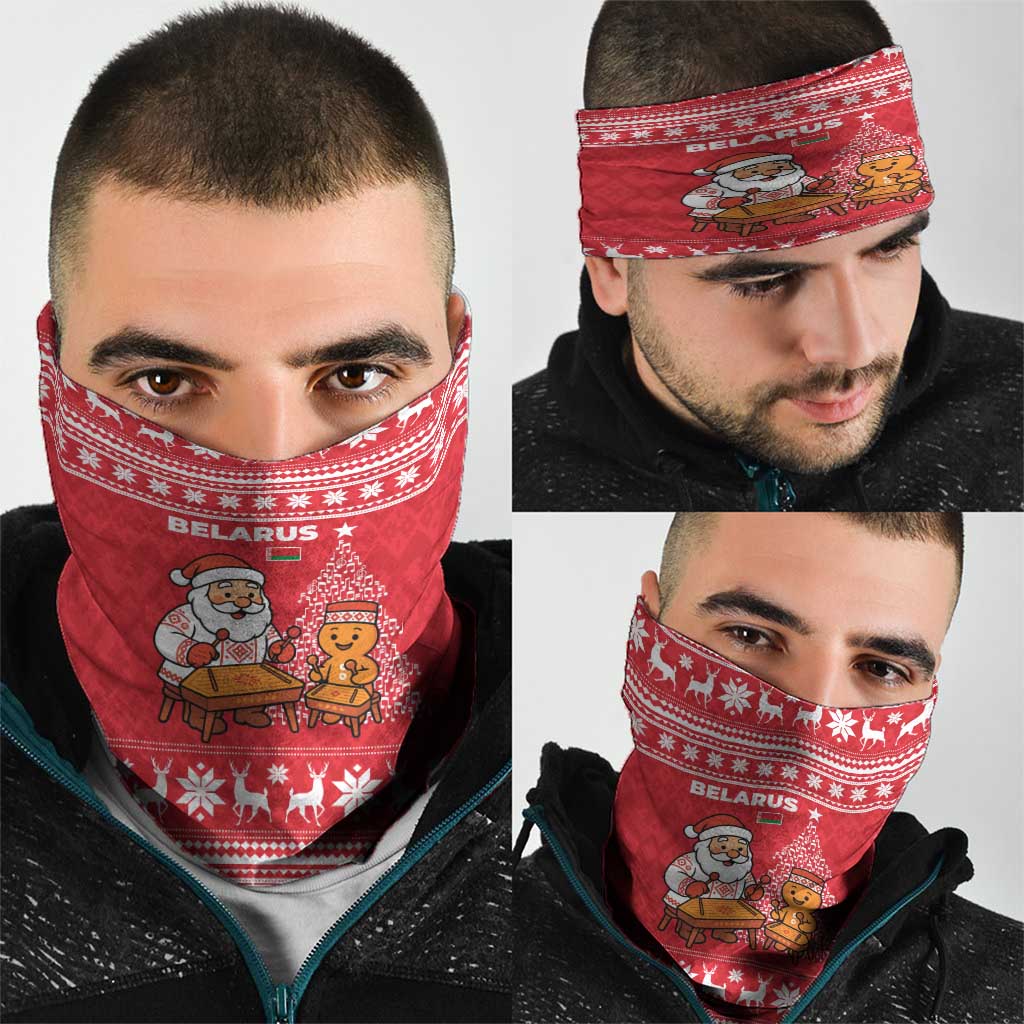 Belarus Christmas Neck Gaiter with Santa Gingerbread Playing Chess National Emblem and Nordic Pattern Design - Wonder Print Shop