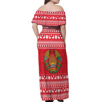 Belarus Christmas Off Shoulder Maxi Dress with Santa Gingerbread Playing Chess National Emblem and Nordic Pattern Design - Wonder Print Shop