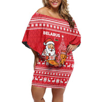 Belarus Christmas Off Shoulder Short Dress with Santa Gingerbread Playing Chess National Emblem and Nordic Pattern Design - Wonder Print Shop
