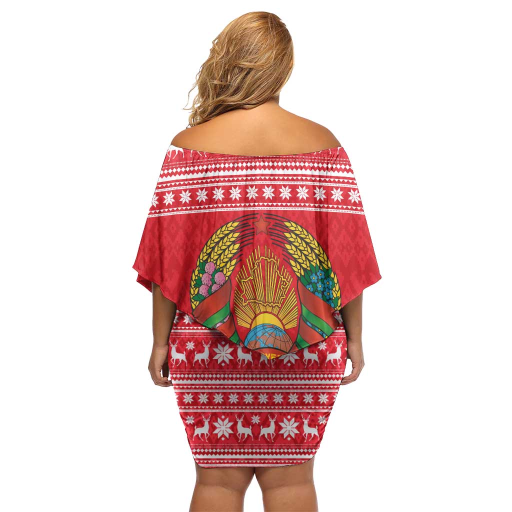 Belarus Christmas Off Shoulder Short Dress with Santa Gingerbread Playing Chess National Emblem and Nordic Pattern Design - Wonder Print Shop