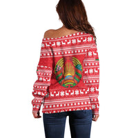 Belarus Christmas Off Shoulder Sweater with Santa Gingerbread Playing Chess National Emblem and Nordic Pattern Design - Wonder Print Shop
