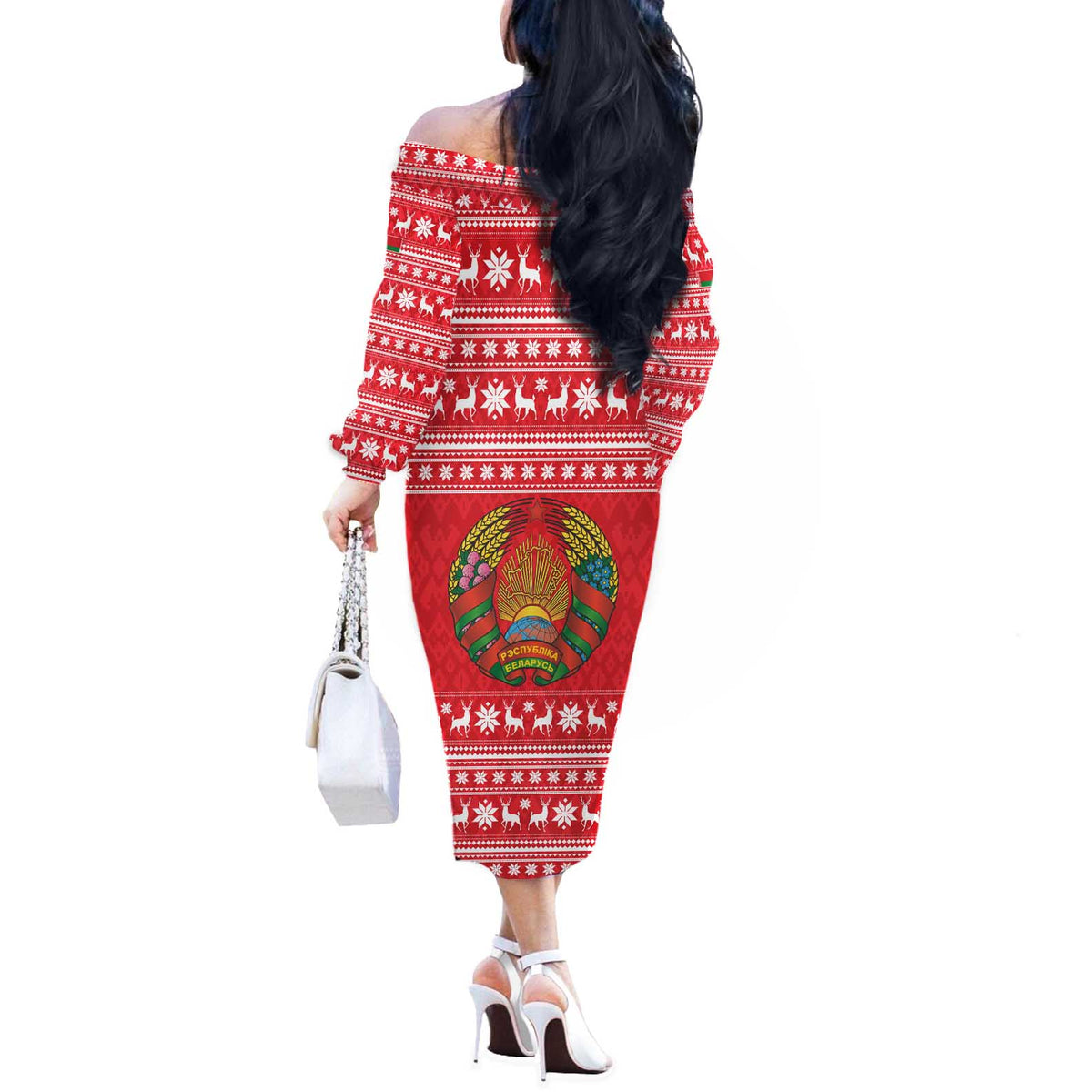 Belarus Christmas Off The Shoulder Long Sleeve Dress with Santa Gingerbread Playing Chess National Emblem and Nordic Pattern Design - Wonder Print Shop