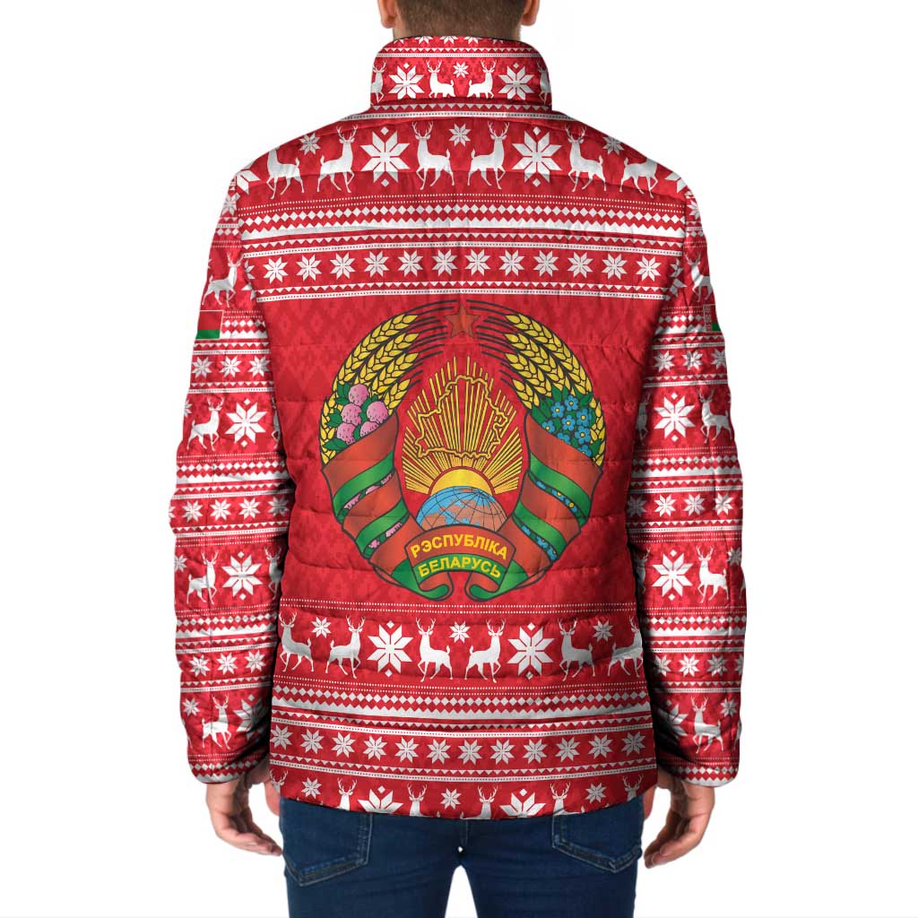 Belarus Christmas Padded Jacket with Santa Gingerbread Playing Chess National Emblem and Nordic Pattern Design - Wonder Print Shop