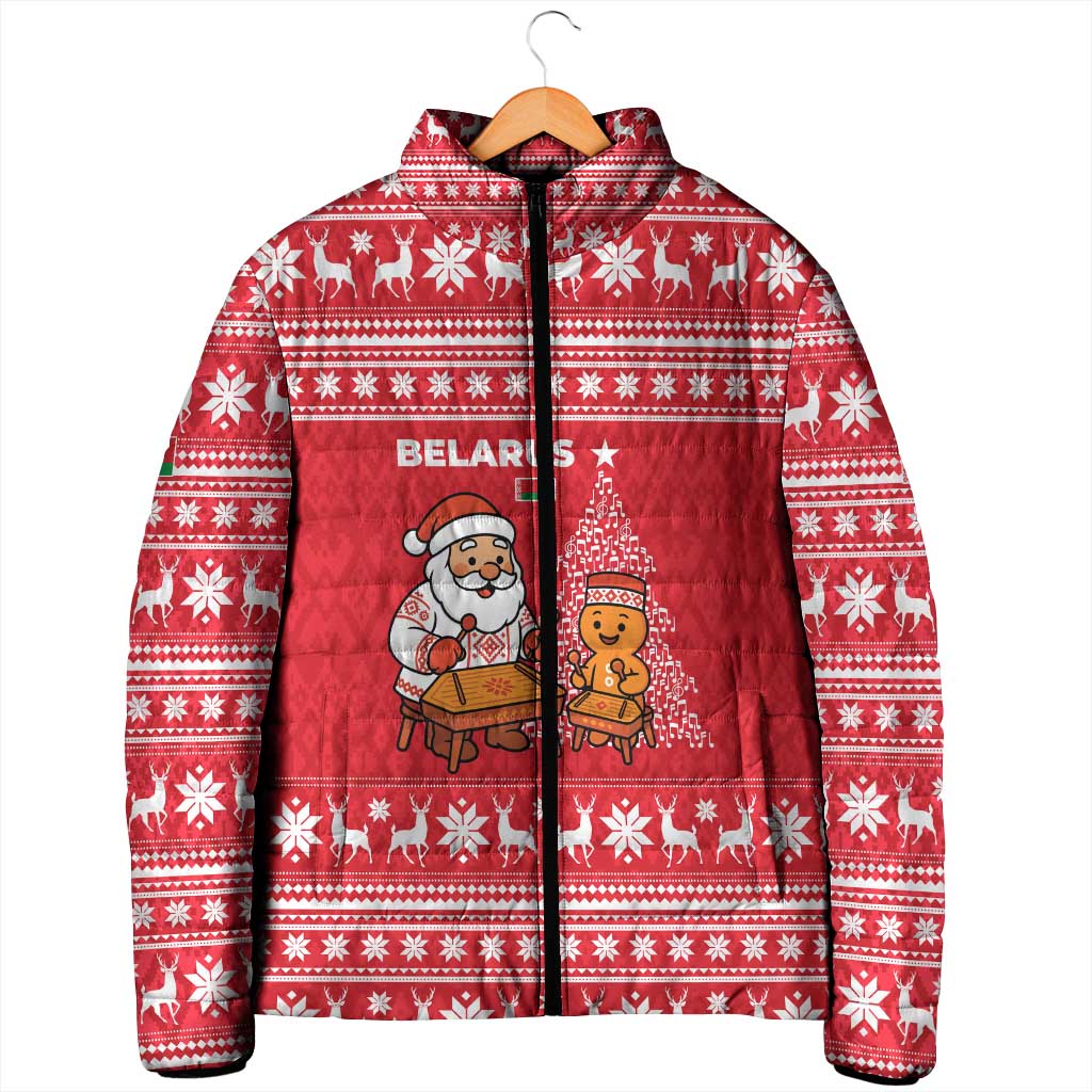 Belarus Christmas Padded Jacket with Santa Gingerbread Playing Chess National Emblem and Nordic Pattern Design - Wonder Print Shop
