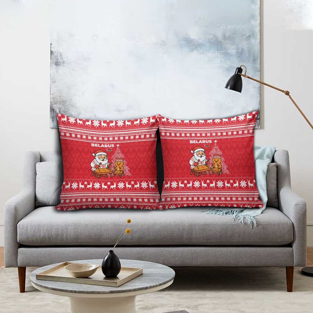 Belarus Christmas Pillow Cover with Santa Gingerbread Playing Chess National Emblem and Nordic Pattern Design - Wonder Print Shop