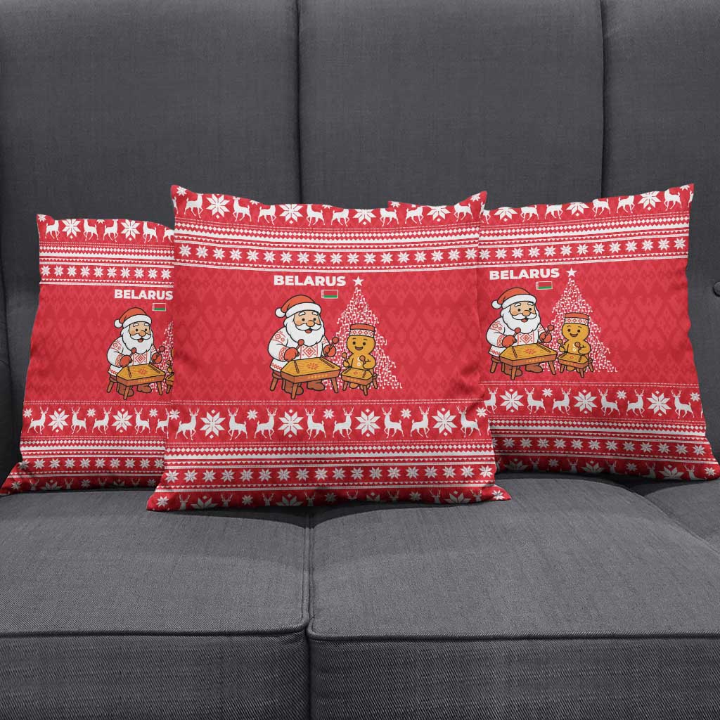 Belarus Christmas Pillow Cover with Santa Gingerbread Playing Chess National Emblem and Nordic Pattern Design - Wonder Print Shop