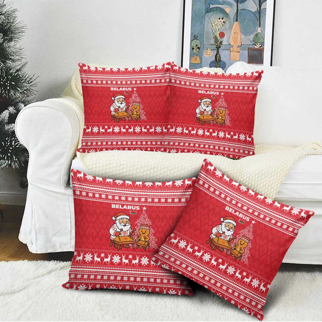 Belarus Christmas Pillow Cover with Santa Gingerbread Playing Chess National Emblem and Nordic Pattern Design - Wonder Print Shop