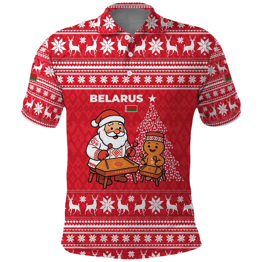 Belarus Christmas Polo Shirt with Santa Gingerbread Playing Chess National Emblem and Nordic Pattern Design - Wonder Print Shop