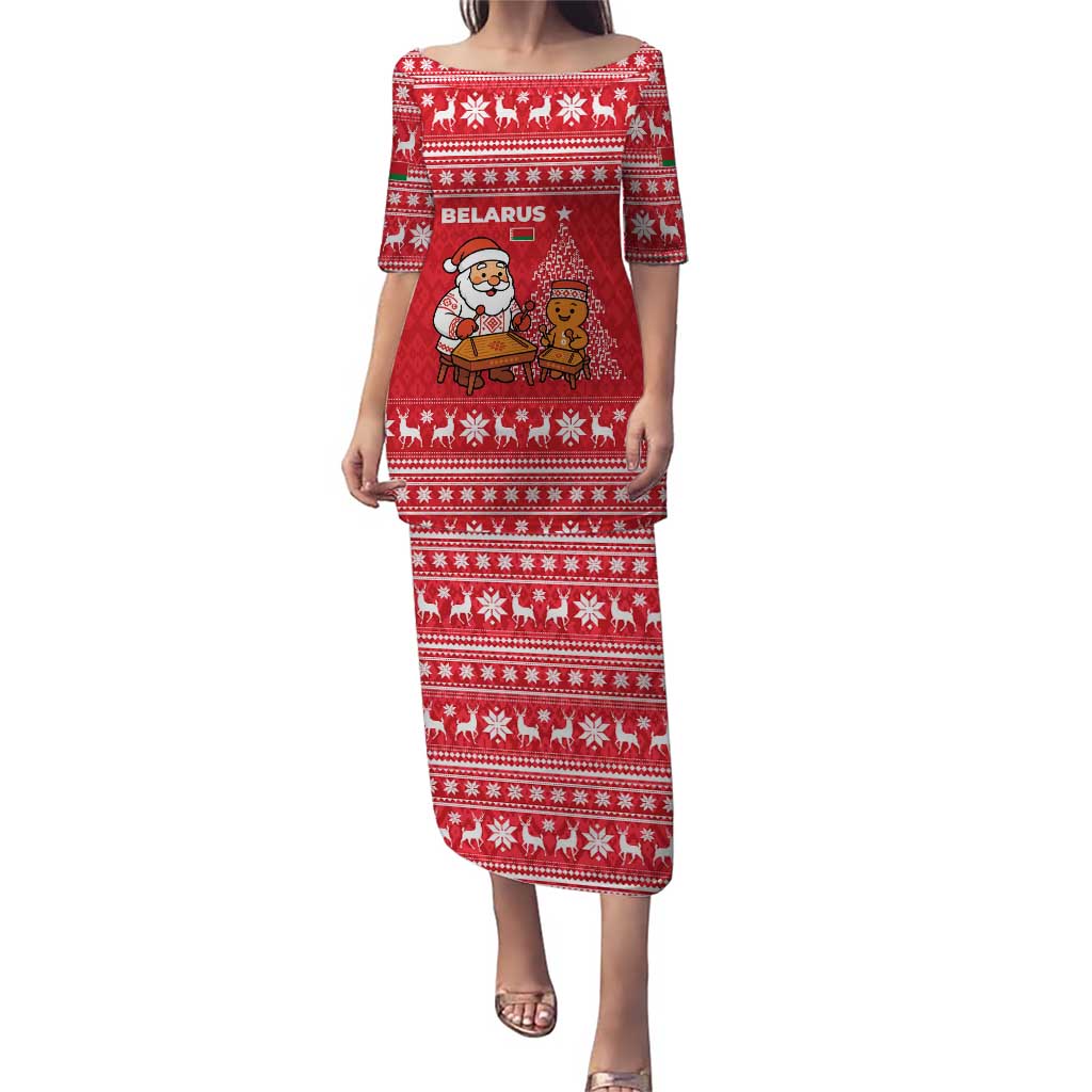 Belarus Christmas Puletasi with Santa Gingerbread Playing Chess National Emblem and Nordic Pattern Design - Wonder Print Shop