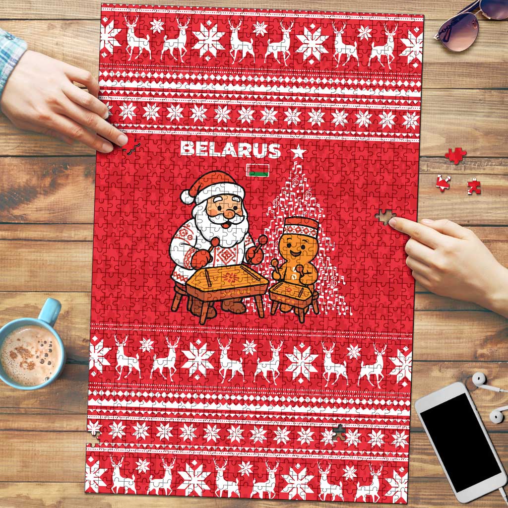 Belarus Christmas Puzzle with Santa Gingerbread Playing Chess National Emblem and Nordic Pattern Design - Wonder Print Shop