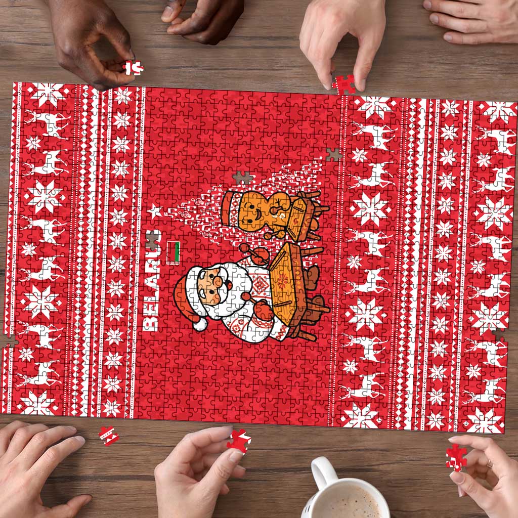 Belarus Christmas Puzzle with Santa Gingerbread Playing Chess National Emblem and Nordic Pattern Design - Wonder Print Shop