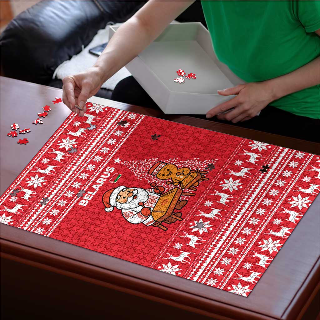 Belarus Christmas Puzzle with Santa Gingerbread Playing Chess National Emblem and Nordic Pattern Design - Wonder Print Shop