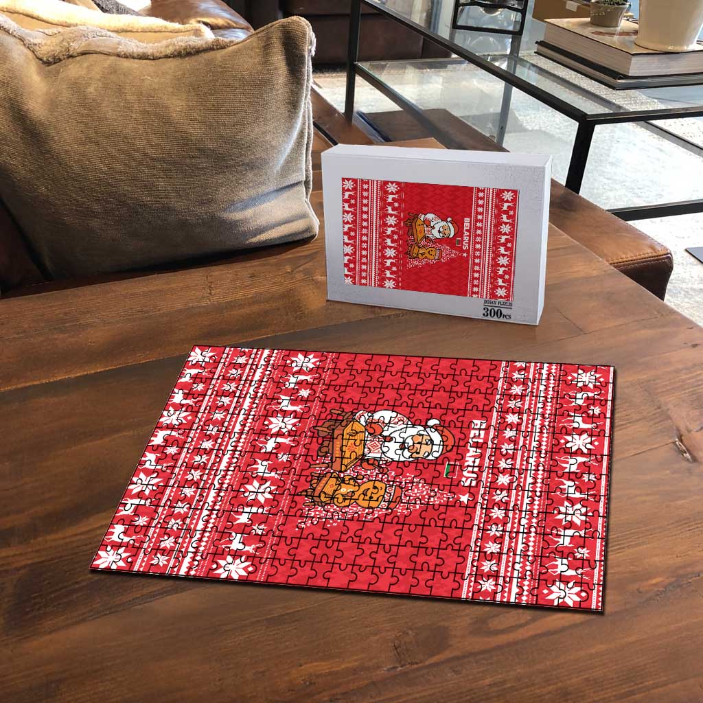 Belarus Christmas Puzzle with Santa Gingerbread Playing Chess National Emblem and Nordic Pattern Design - Wonder Print Shop
